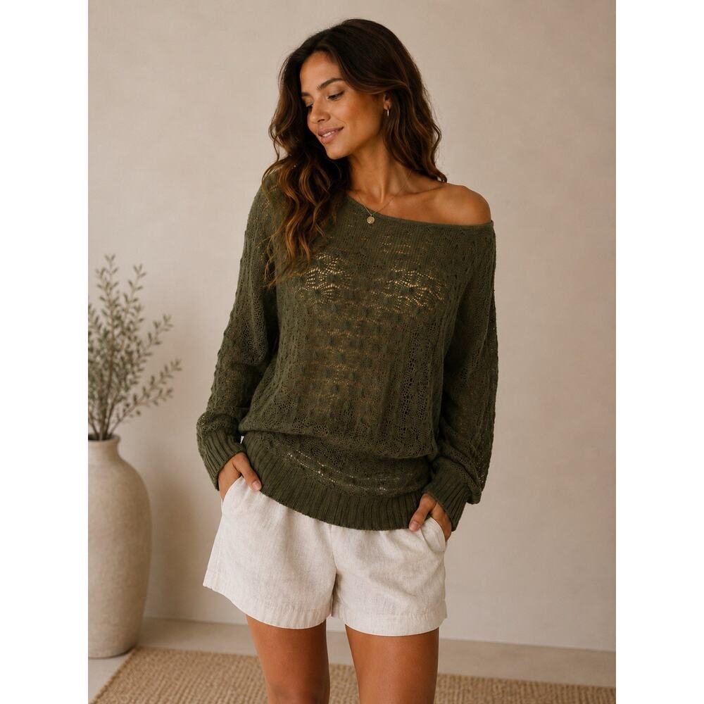 Kier + J Open Knit 100% Cashmere Sweater Olive Green Sz L Boho Crochet Festival